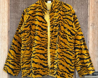 Printed Velvet Kimono Jacket: Bohemian Mustard Tiger Robe