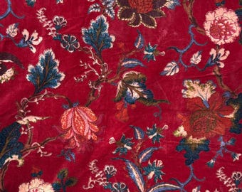 Indian Floral Block Print Velvet Fabric | Red, Gray, Violet