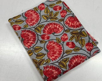 Gray Floral Hand Block Print Cotton Fabric: Lightweight Indian Sewing Material
