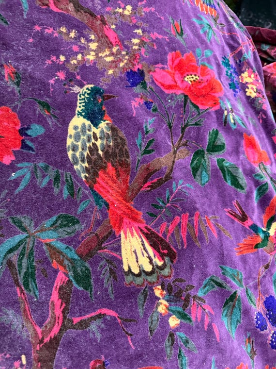 Indian Floral Bird Print Velvet Fabric, Luxury Upholstery & Curtain Material, Boho Home Decor Cloth