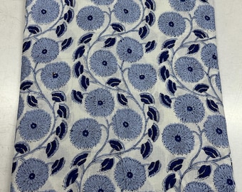 May include: White cotton fabric with a blue floral print. The fabric features a repeating pattern of blue flowers with dark blue stems and leaves.