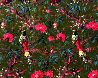 Tela de terciopelo con estampado floral de pájaros, algodón indio estampado a mano con bloques.