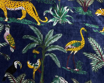 Tela de terciopelo violeta con estampado a mano, estampado Jungle Safari, algodón, 110 cm de ancho