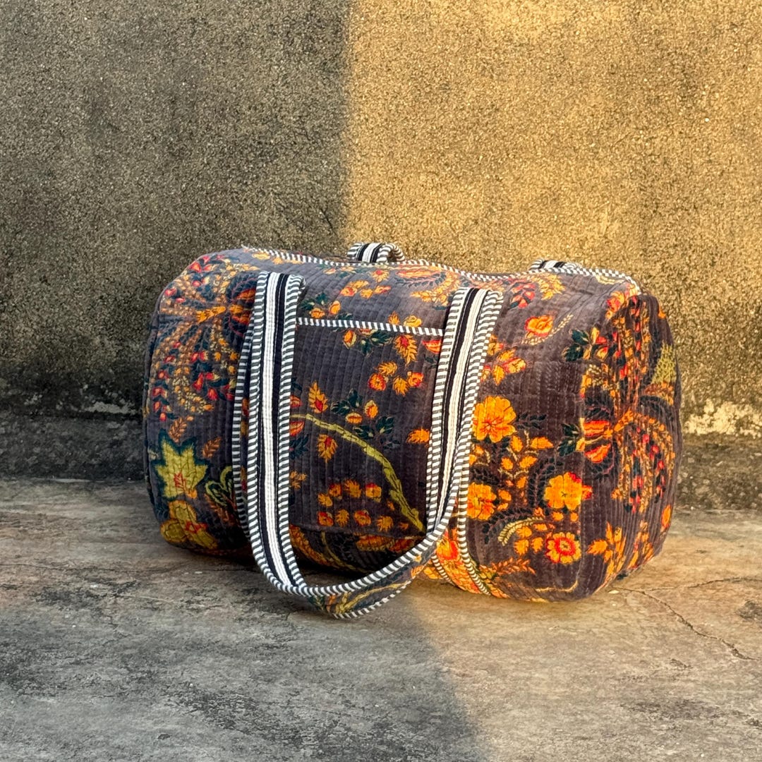 Grey Floral Velvet Duffle Bag | Quilted Luxury Weekender | Gift for Her