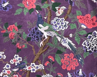 Hand Block Printed Violet Velvet Fabric, Bird Print, Indian Cotton, 110cm Wide