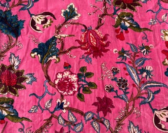 Tela de terciopelo con estampado floral en bloque, algodón indio rosa, 112 cm de ancho