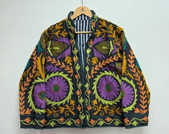 Indian denim Suzani Hand Embroidery Jacket Coat, Colorful Ethnic Chic Outerwear for Seasonal Outfits, Perfect Christmas Birthday Gift Her