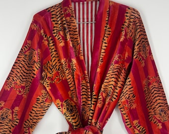 Boho Tiger Velvet Kimono Robe | Festival Beach Cover Up