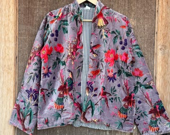 Floral Velvet Bomber Jacket, Quirky Print Kimono Robe