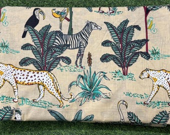 Hand Block Print Cotton Fabric: Off-White Jungle Animal Decor