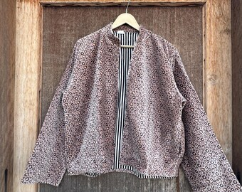 Leopard Print Velvet Bomber Jacket, Women's Kimono Robe, Handmade in India