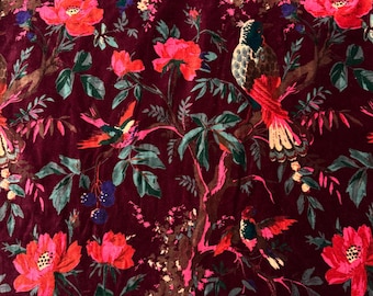 Tela de terciopelo de algodón estampada a mano con estampado floral de pájaros, tela de tapicería violeta