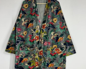 Chaqueta kimono de terciopelo – Bata estilo bohemio con estampado floral de monos