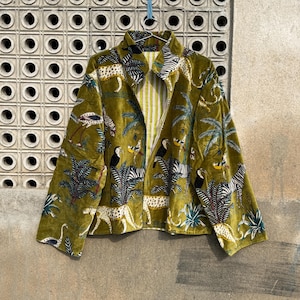 Bohemian Green Safari Robe Printed Velvet Kimono Jacket