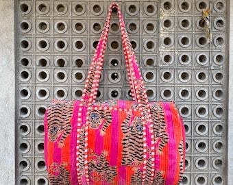 Handmade Quilted Velvet Weekender Bag | Tiger Print Duffle
