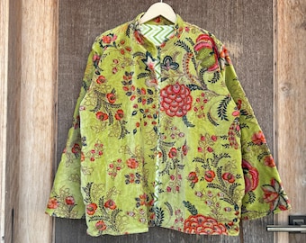Velvet Floral Print Kimono Jacket, Boho Japanese Cardigan