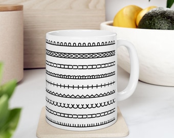 Boho Ceramic Coffee Mug: Minimalist Black and White Design
