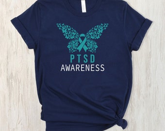 PTSD Awareness T-Shirt: Teal Ribbon Butterfly, Veteran Support