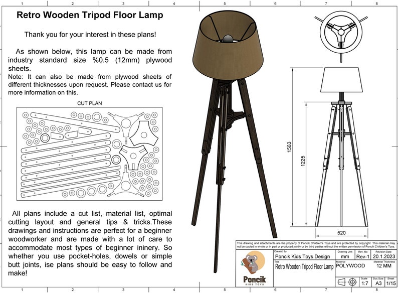 Adjustable Retro Wooden Tripod Telescopic Lift Floor lamp, bedside, Living, bedrom lamp design pdf dxf dwg digital file 12mm image 10