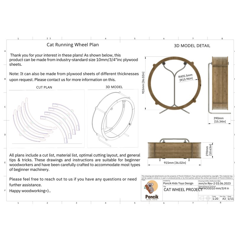 Cat Running Wheel Digital Plan-Cat Exercise WheelRunning, Spinning and Scratching Fun, Cat Treadmill with Carpeted Runway, DWG,DXF,PDF Plan image 9