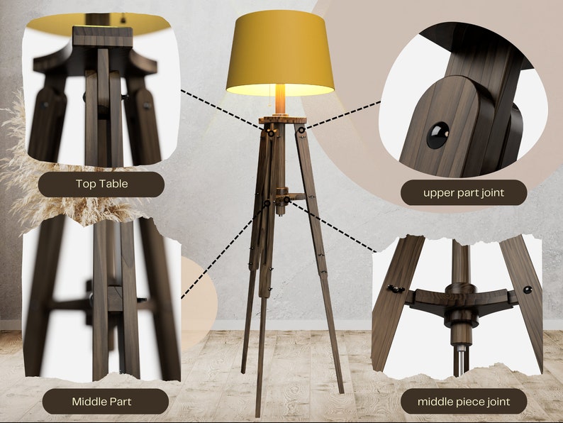 Adjustable Retro Wooden Tripod Telescopic Lift Floor lamp, bedside, Living, bedrom lamp design pdf dxf dwg digital file 12mm image 2