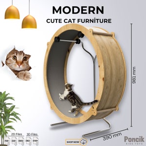 Cat Running Wheel Digital Plan-Cat Exercise WheelRunning, Spinning and Scratching Fun, Cat Treadmill with Carpeted Runway, DWG,DXF,PDF Plan image 1