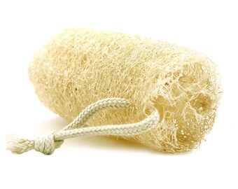 May include: A natural loofah sponge with a beige colour and a knotted rope handle.