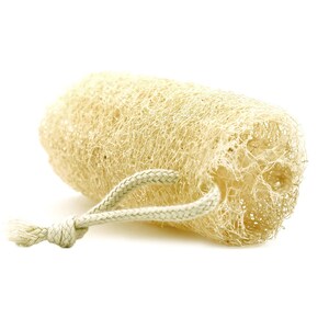 May include: A natural loofah sponge with a beige colour and a knotted rope handle.