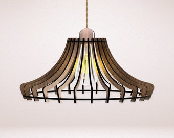 May include: A wooden pendant light with a black metal frame and a warm white light bulb. The light fixture has a unique, geometric design.