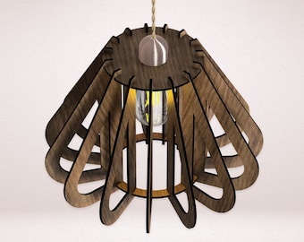 May include: A wooden pendant light fixture with a geometric design. The light fixture has a circular base and multiple wooden arms that extend outwards. The light fixture is lit with a warm white light bulb.