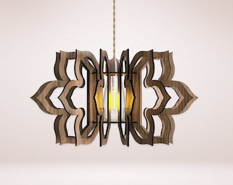 May include: A wooden pendant light fixture with a geometric design. The light fixture is made of multiple pieces of wood that are joined together to create a intricate pattern. The light fixture is hanging from a cord and has a single light bulb.