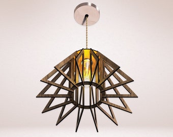 May include: A wooden pendant light fixture with a geometric design. The light fixture has a starburst shape with a clear glass shade and a light bulb inside.