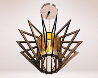 May include: A wooden pendant light fixture with a geometric design. The light fixture has a circular base and a series of triangular shapes extending outwards. The light fixture is illuminated with a warm white light bulb.