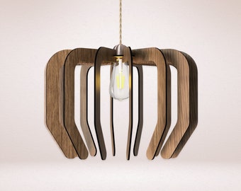 May include: A wooden pendant light fixture with a unique design resembling a spider web. The light fixture is made of multiple curved wooden pieces that are joined together to create a geometric pattern. The light fixture has a single light bulb in the center.