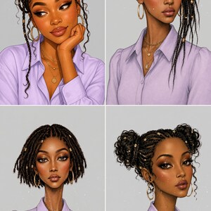 May include: A digital illustration featuring four portraits of a person with dark skin wearing a light purple collared shirt and gold hoop earrings. The person displays various braided hairstyles including a high bun, side-swept braids, a bob, and space buns.