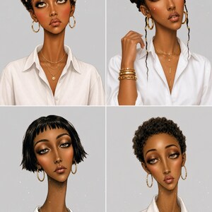 May include: A digital illustration featuring four portraits of a person with dark skin wearing a white collared shirt. Each portrait displays different hairstyles, including braided crowns, Bantu knots, a short bob, and a short curly cut.