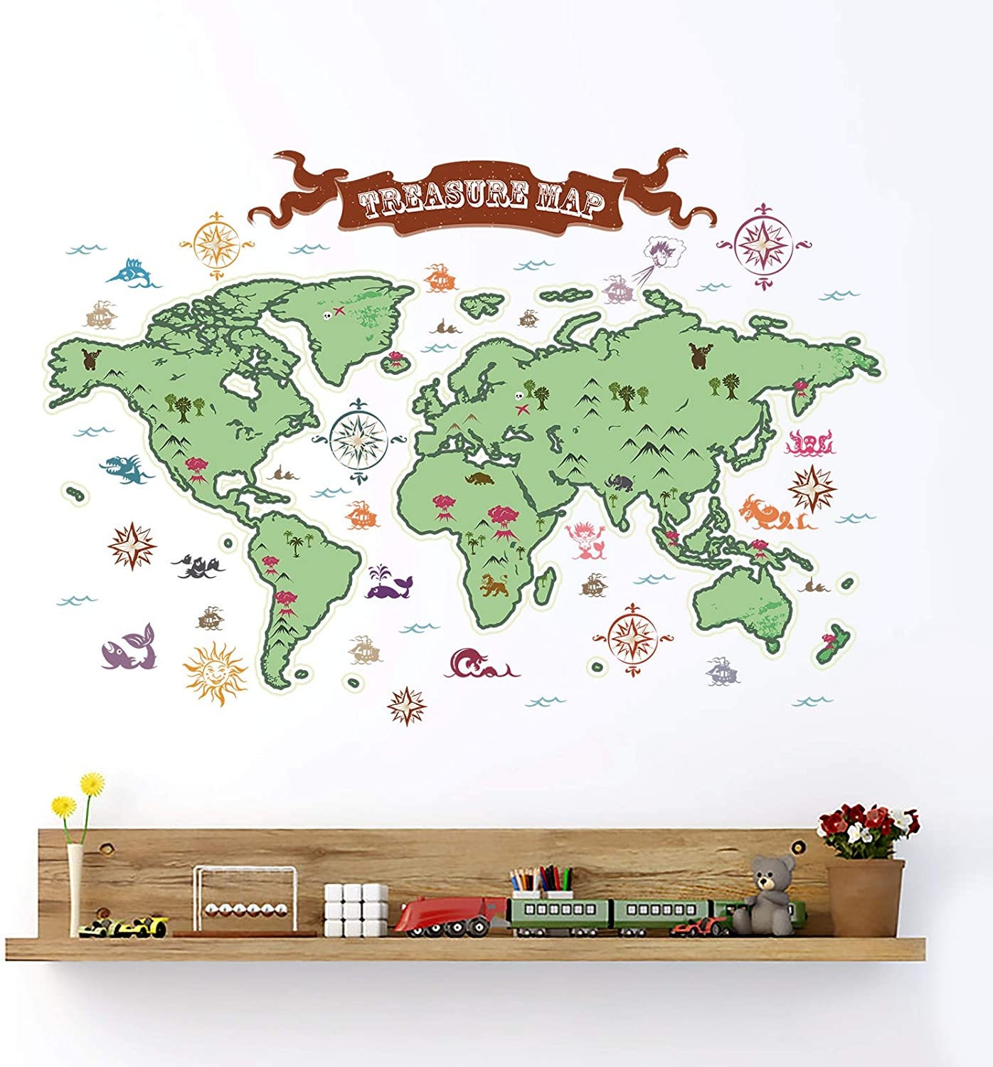 Animal World Map Kids Wall Stickers Removable Wall Stickers for Bedroom ...