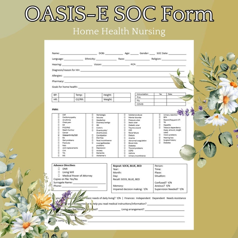 Oasis e start of care soc form cheat sheet home health nurse etsy