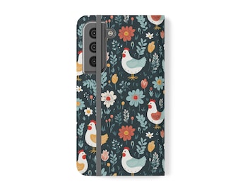 Copy of Floral Chicken Folio Wallet Flip Case | Blue Flower Chicken iPhone Samsung Galaxy Wallet Case | Rooster Phone Wallet