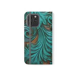 Funda de cartera de cuero turquesa con herramientas sintéticas / Funda de cartera Samsung Galaxy iPhone vaquera / Cartera de teléfono con aspecto de cuero
