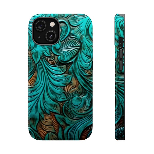 Faux Tooled Turquoise Leather MagSafe Tough Phone Case | Cowgirl iPhone Case | Leather Look Phone Cover