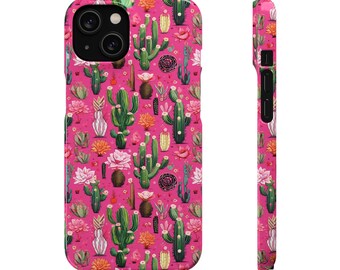 May include: A pink phone case with a repeating pattern of cacti and flowers. The case is designed for an iPhone.