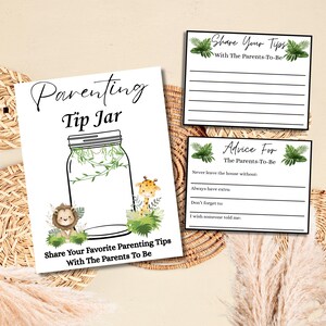 Barattolo dei consigli per genitori e scheda di consigli per i futuri genitori, gioco per baby shower a tema safari nella giungla, scheda di consigli per baby shower, barattolo dei consigli per bambini