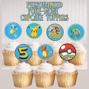 Décorations de cupcake Pokemone personnalisées, décorations d'anniversaire personnages Poke personnalisés, décoration de fête Pokémon, articles de fête Pikachu Gotta Catch Em All