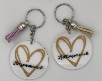 Keychain with heart and lettering made of acrylic glass with vinyl foil, keychain and tassel