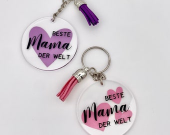 Meilleure maman du monde - Porte-clés fête des mères en verre acrylique avec feuille de vinyle, porte-clés personnalisé et pompon coloré, maman, cœur