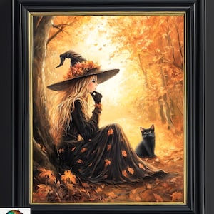 Impresión de Halloween, Impresión de bruja, Decoración de Halloween, Bruja, Gato negro, Decoración de otoño, Arte de Halloween imprimible, Arte de pared imprimible, Gato imprimible