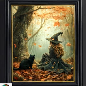 Impresión de Halloween, Impresión de bruja, Decoración de Halloween, Bruja, Gato negro, Decoración de otoño, Arte de Halloween imprimible, Arte de pared imprimible, Gato imprimible