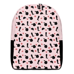 May include: A light pink backpack with a black bottom and accents. The backpack features a repeating pattern of black riding boots, riding helmets, and small red roses. The backpack has a zipper closure.