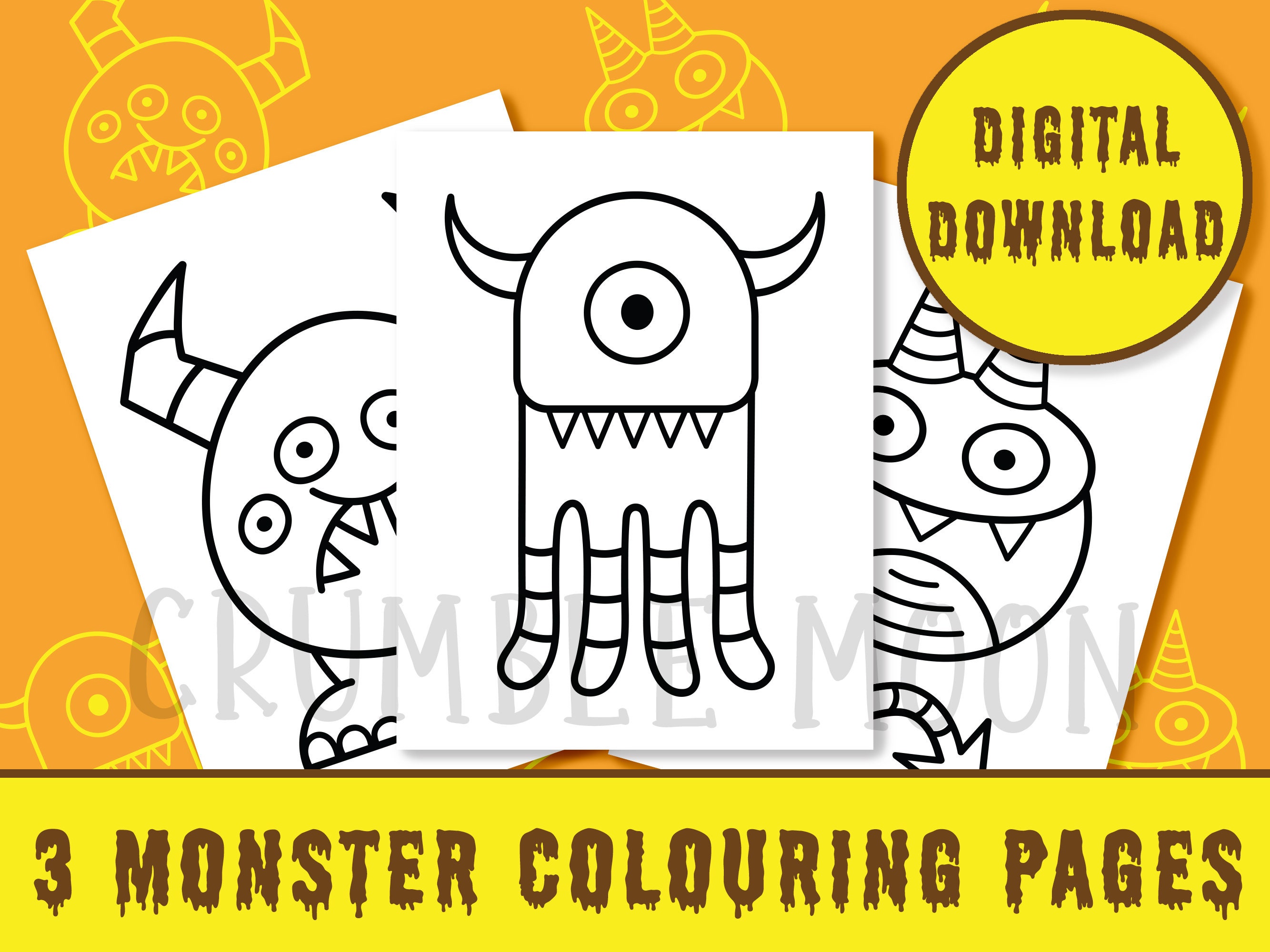 Monsters With Horns - 3 Printable Cartoon Colouring Pages, Fun Instant ...